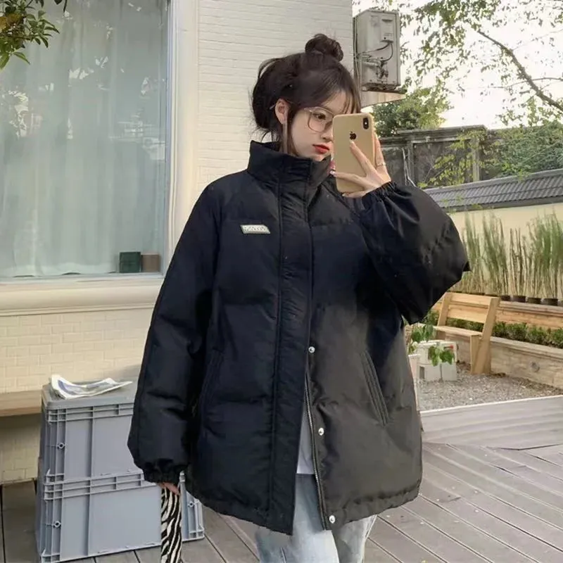 2024 Winter Down Cotton Coat for Women – Solid Loose Padded Jacket, Black Puffer Parka, Casual and Warm Outwear with Zipper, Thickened