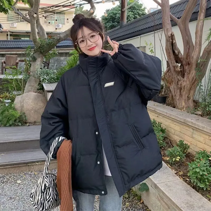 2024 Winter Down Cotton Coat for Women – Solid Loose Padded Jacket, Black Puffer Parka, Casual and Warm Outwear with Zipper, Thickened