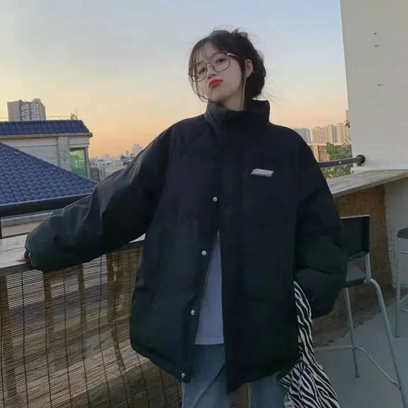 2024 Winter Down Cotton Coat for Women – Solid Loose Padded Jacket, Black Puffer Parka, Casual and Warm Outwear with Zipper, Thickened