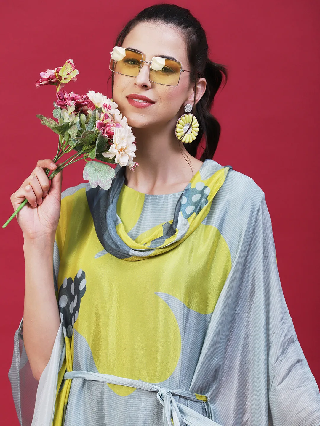 Abstract Floral Printed Kaftan Midi Dress with Belt - Grey