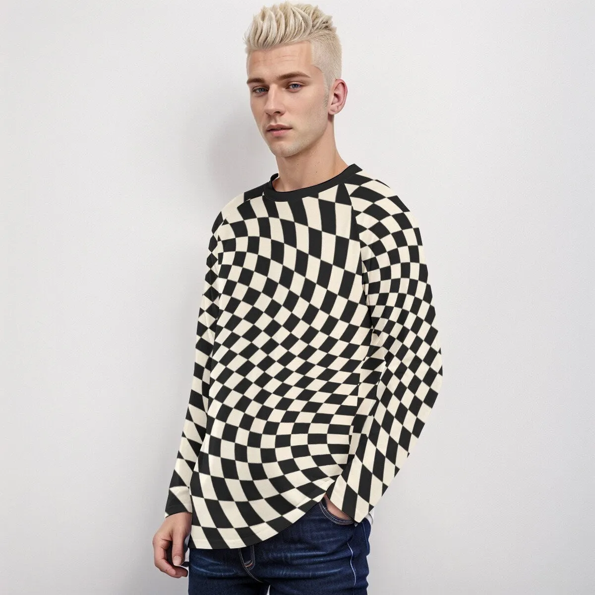 Black Checker Shirt Men, Groovy Shirt Men, Groovy Top Men, Retro Shirt Men, 80s 90s style shirt, Rocker Style Shirt, Checker Raglan Shirt