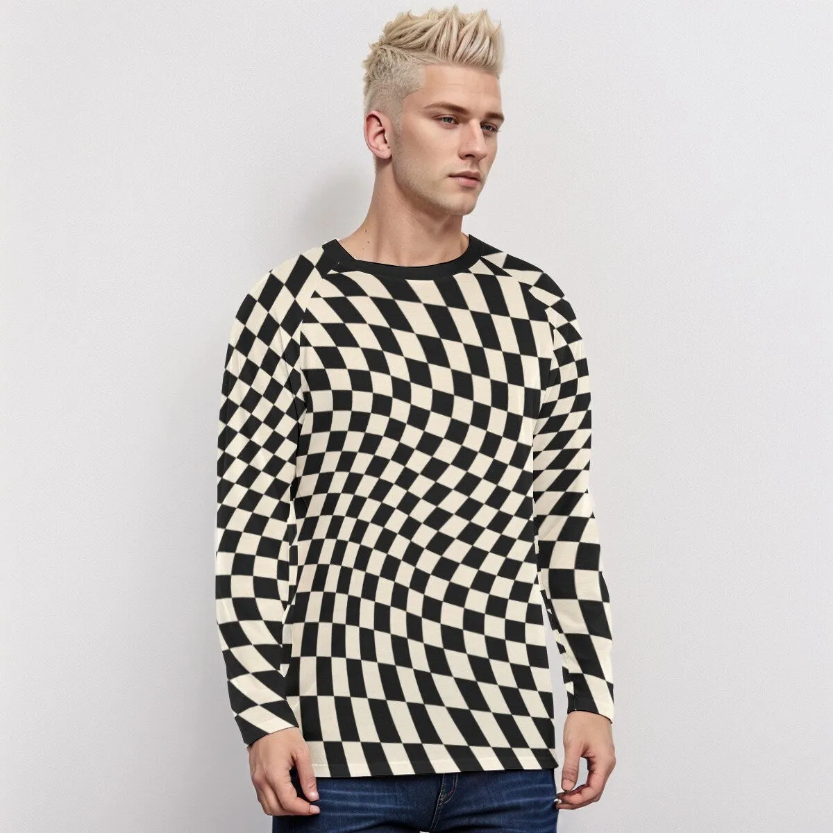 Black Checker Shirt Men, Groovy Shirt Men, Groovy Top Men, Retro Shirt Men, 80s 90s style shirt, Rocker Style Shirt, Checker Raglan Shirt