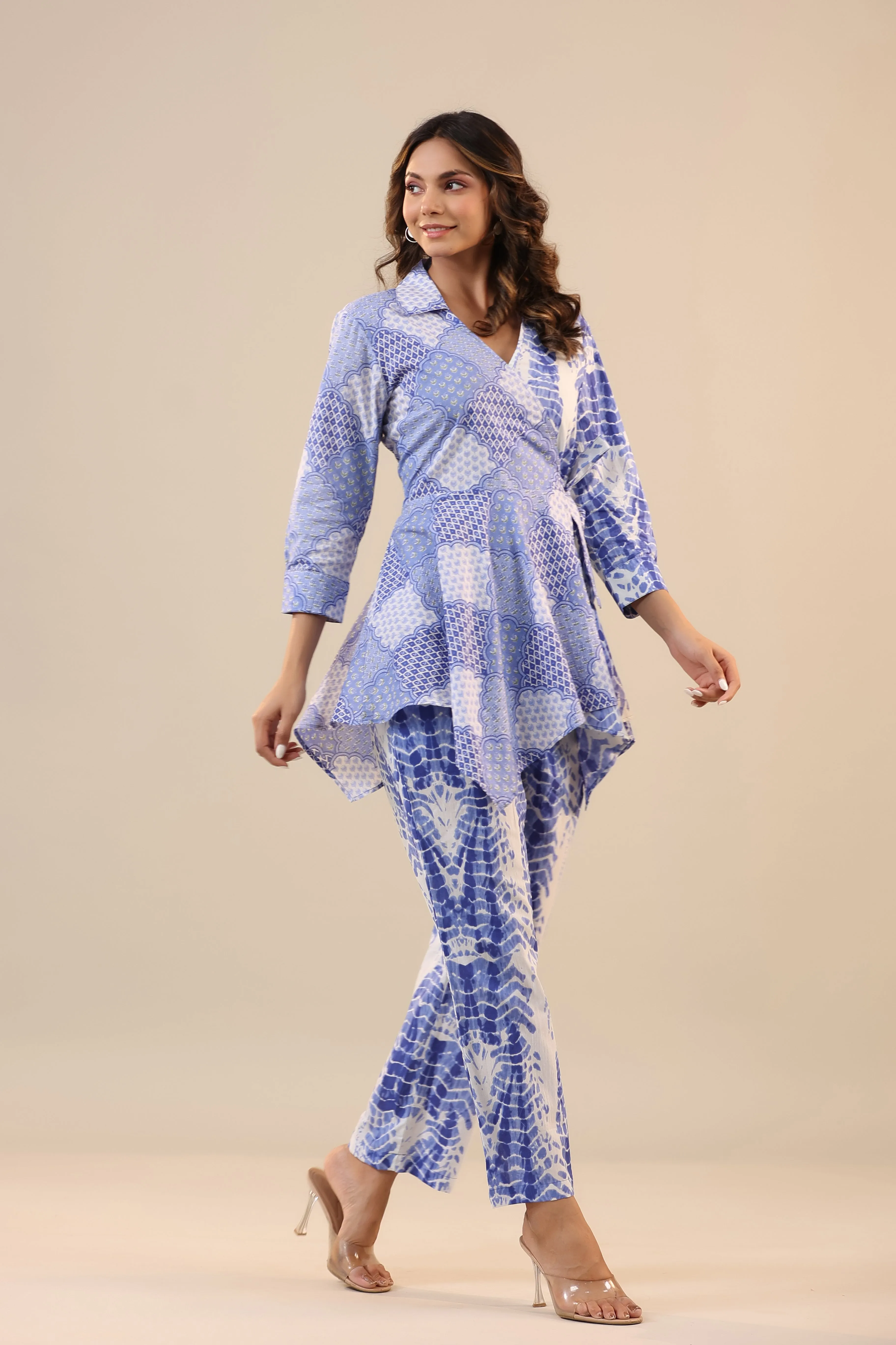 Blue Abstract Shibori Knot Cotton Loungewear Set