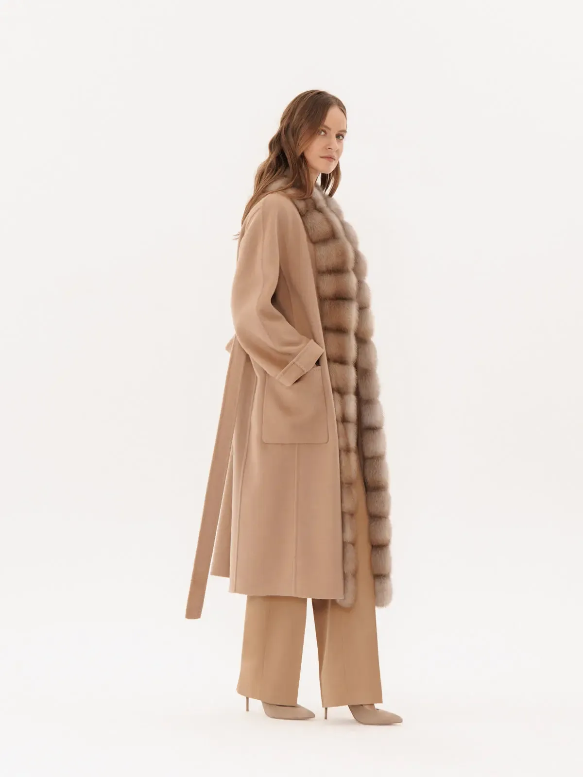Cashmere coat with marten trim