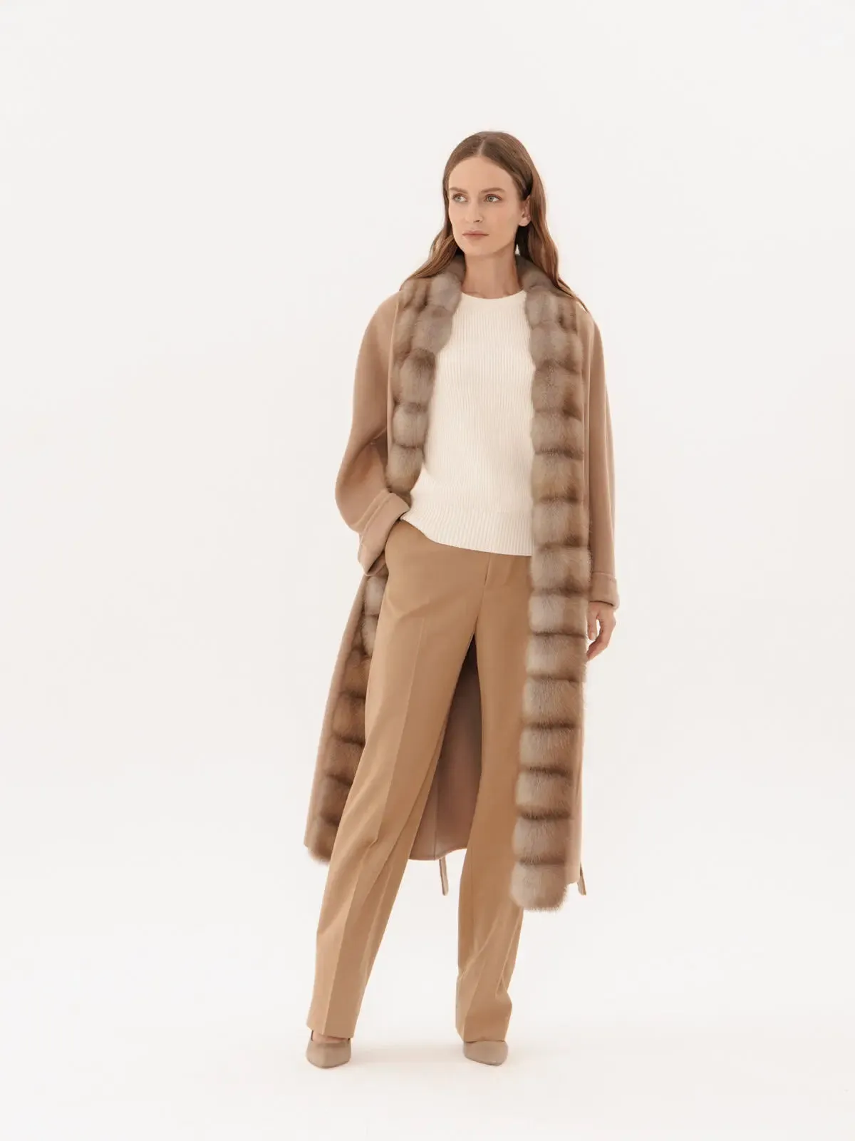 Cashmere coat with marten trim