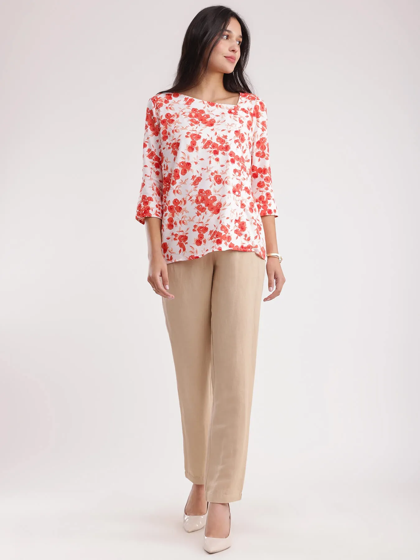 Cotton Floral Top - White And Red