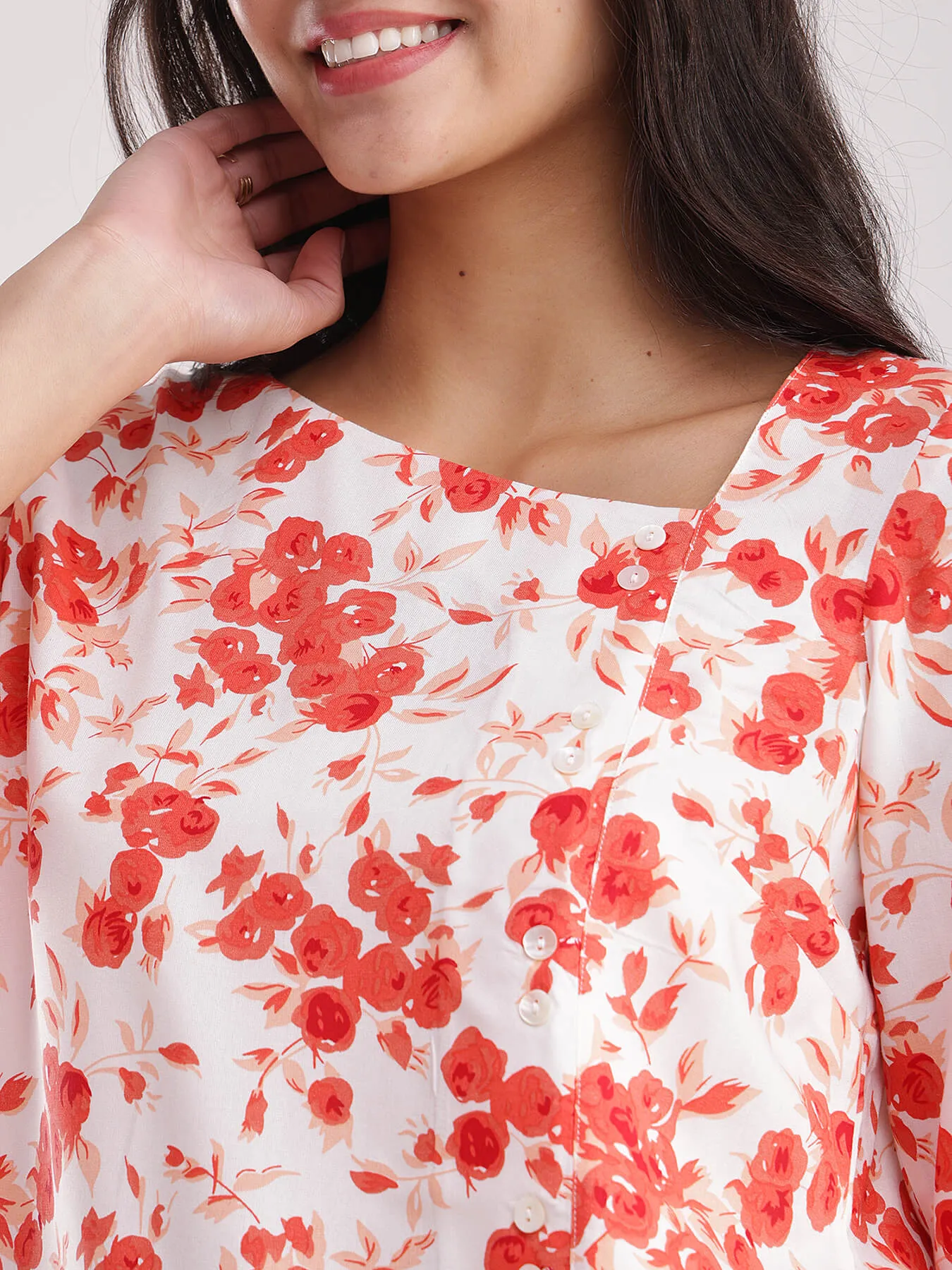 Cotton Floral Top - White And Red