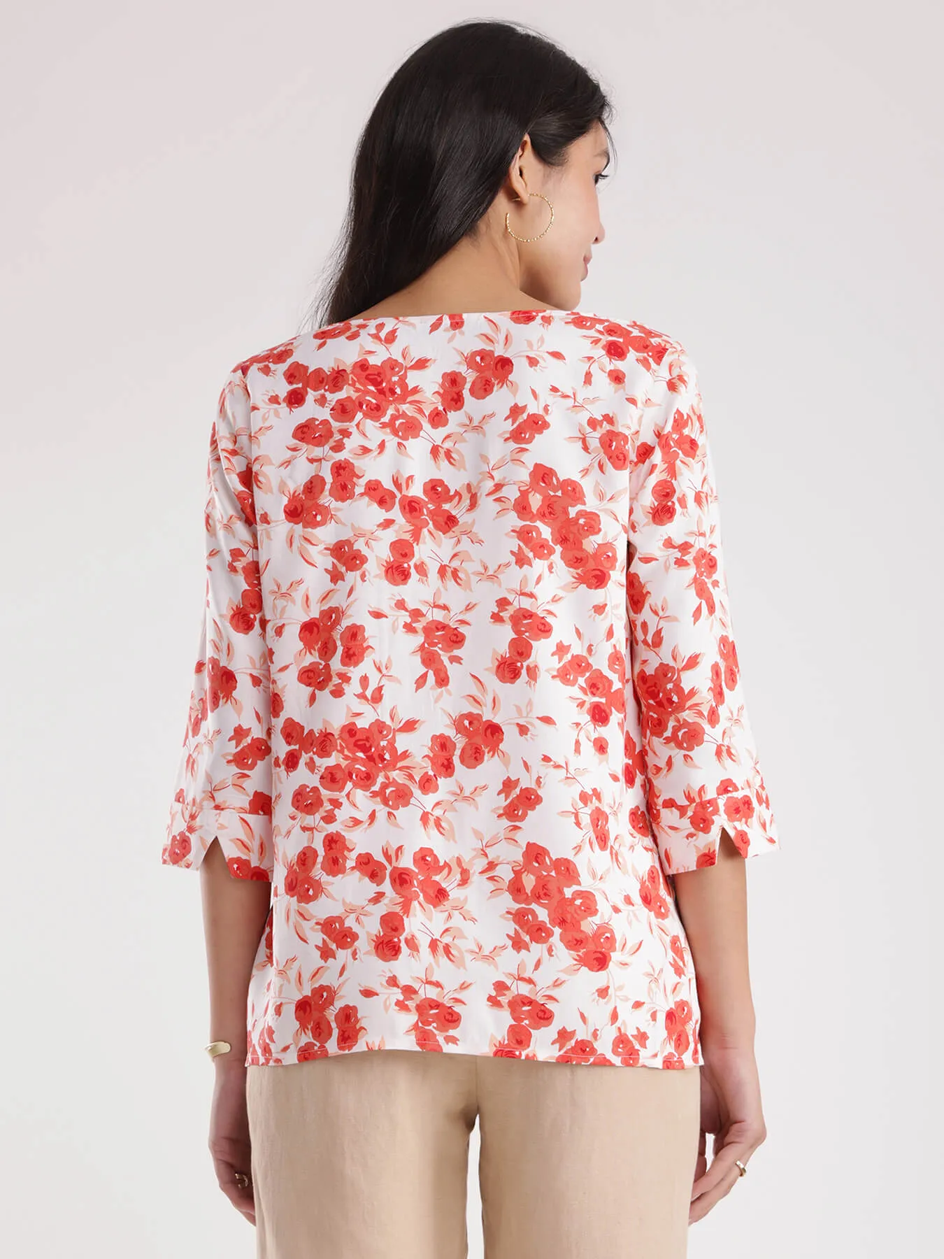 Cotton Floral Top - White And Red