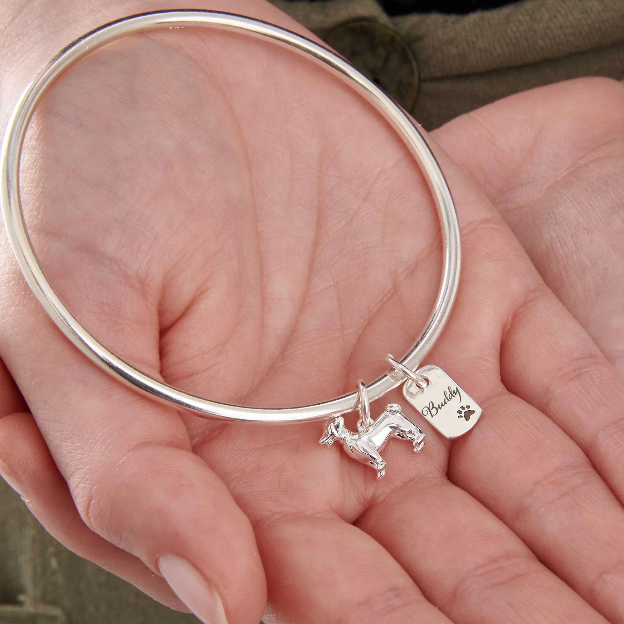Jack Russell Terrier Personalised Dog Tag Silver Bangle