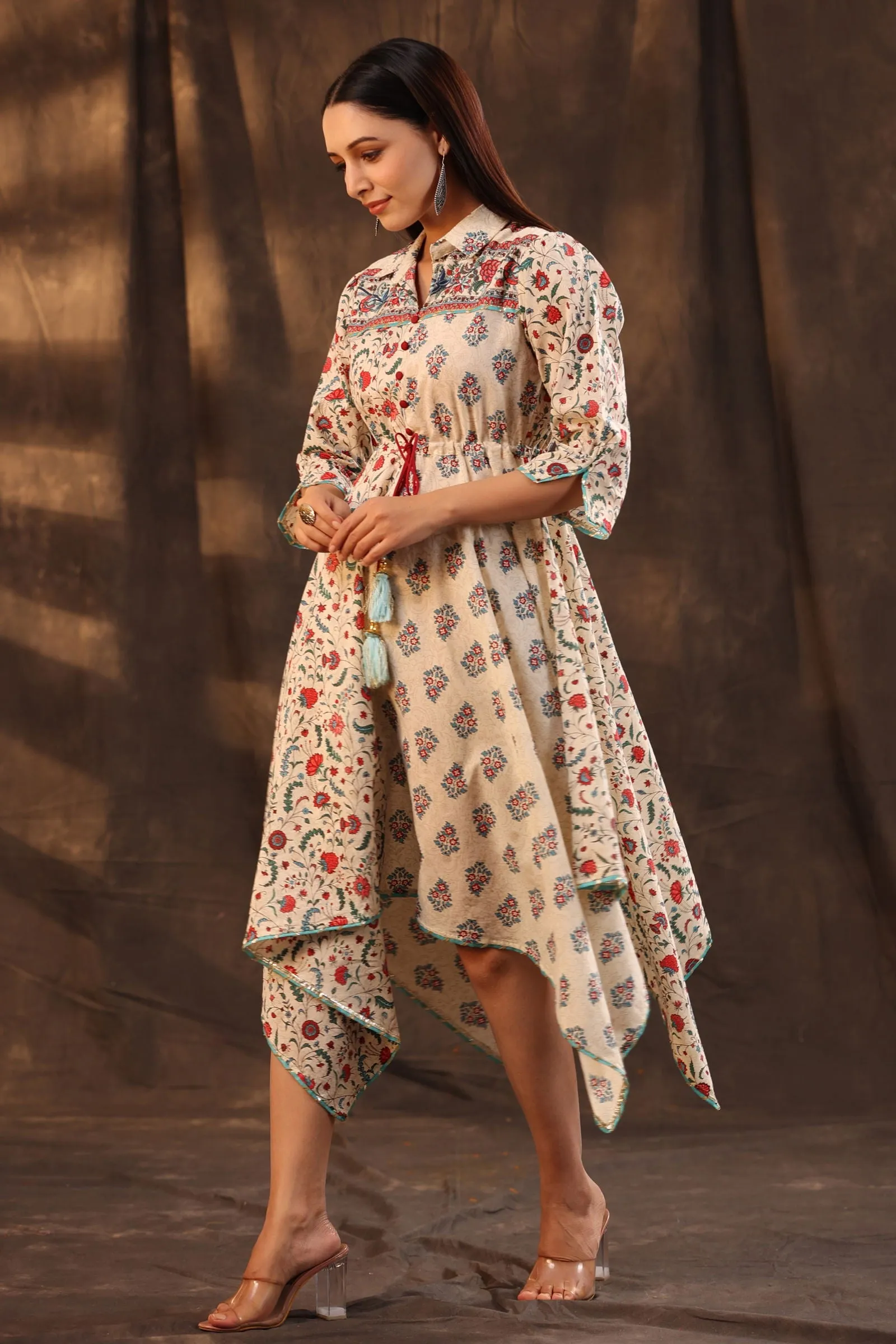 Juniper Beige Pure Cotton Floral Printed Asymmetric Dress With Buttons.