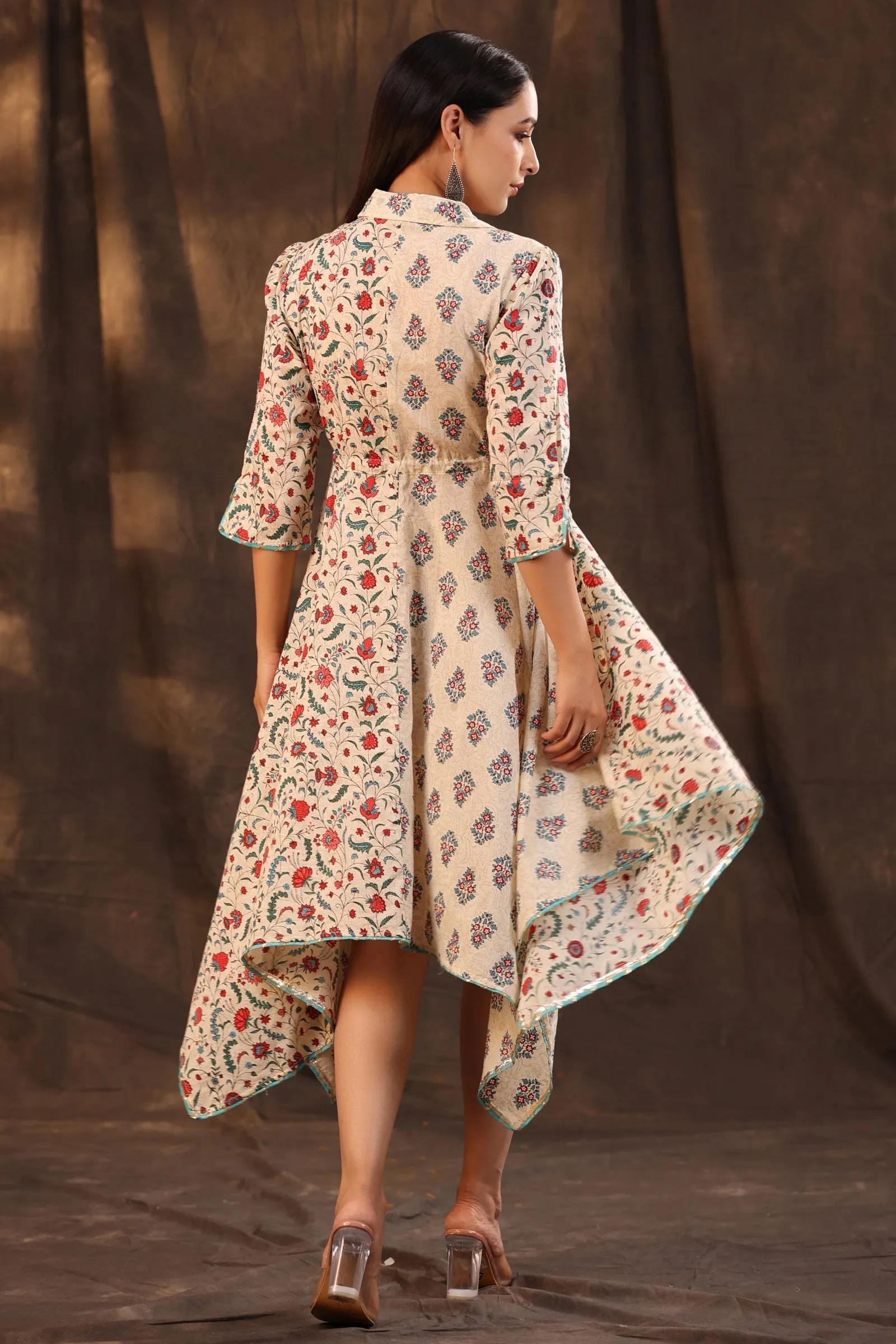 Juniper Beige Pure Cotton Floral Printed Asymmetric Dress With Buttons.