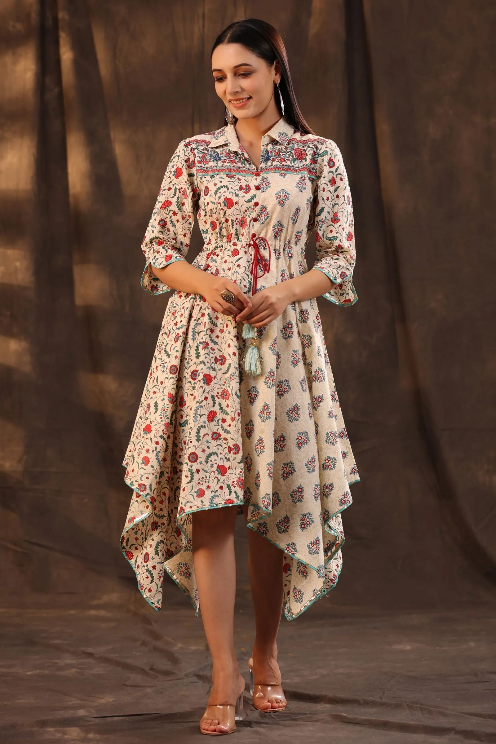 Juniper Beige Pure Cotton Floral Printed Asymmetric Dress With Buttons.