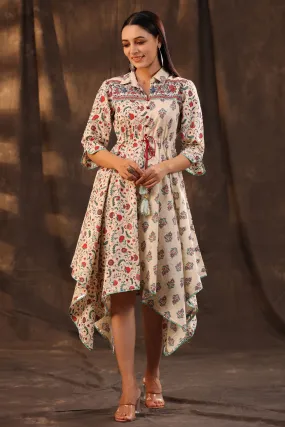 Juniper Beige Pure Cotton Floral Printed Asymmetric Dress With Buttons.