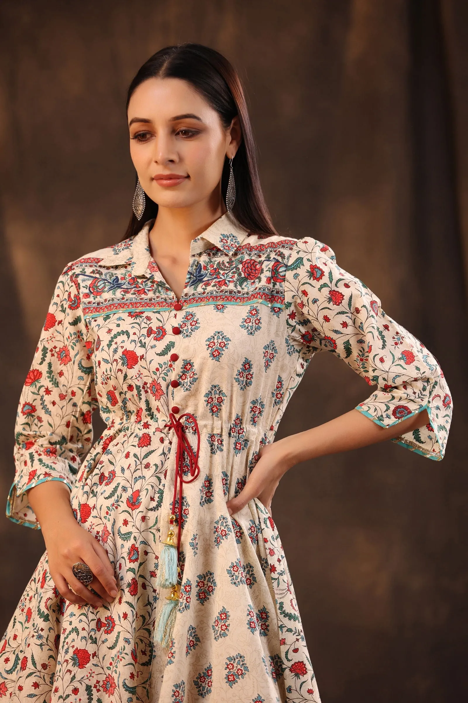 Juniper Beige Pure Cotton Floral Printed Asymmetric Dress With Buttons.