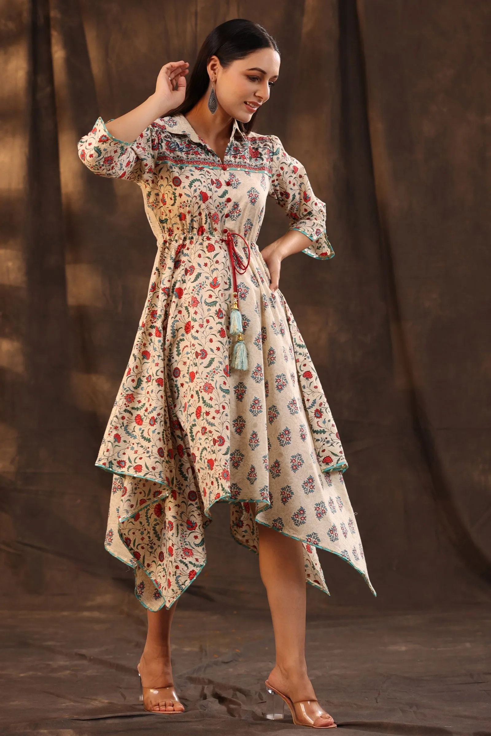 Juniper Beige Pure Cotton Floral Printed Asymmetric Dress With Buttons.