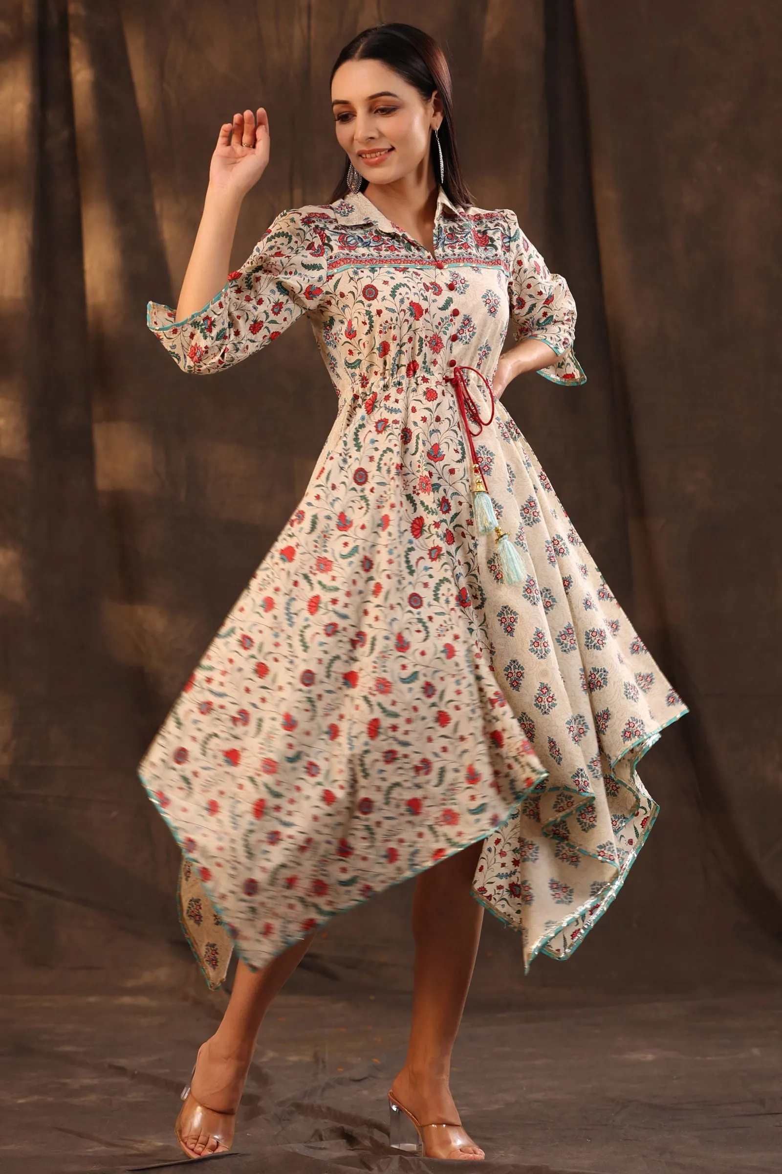 Juniper Beige Pure Cotton Floral Printed Asymmetric Dress With Buttons.
