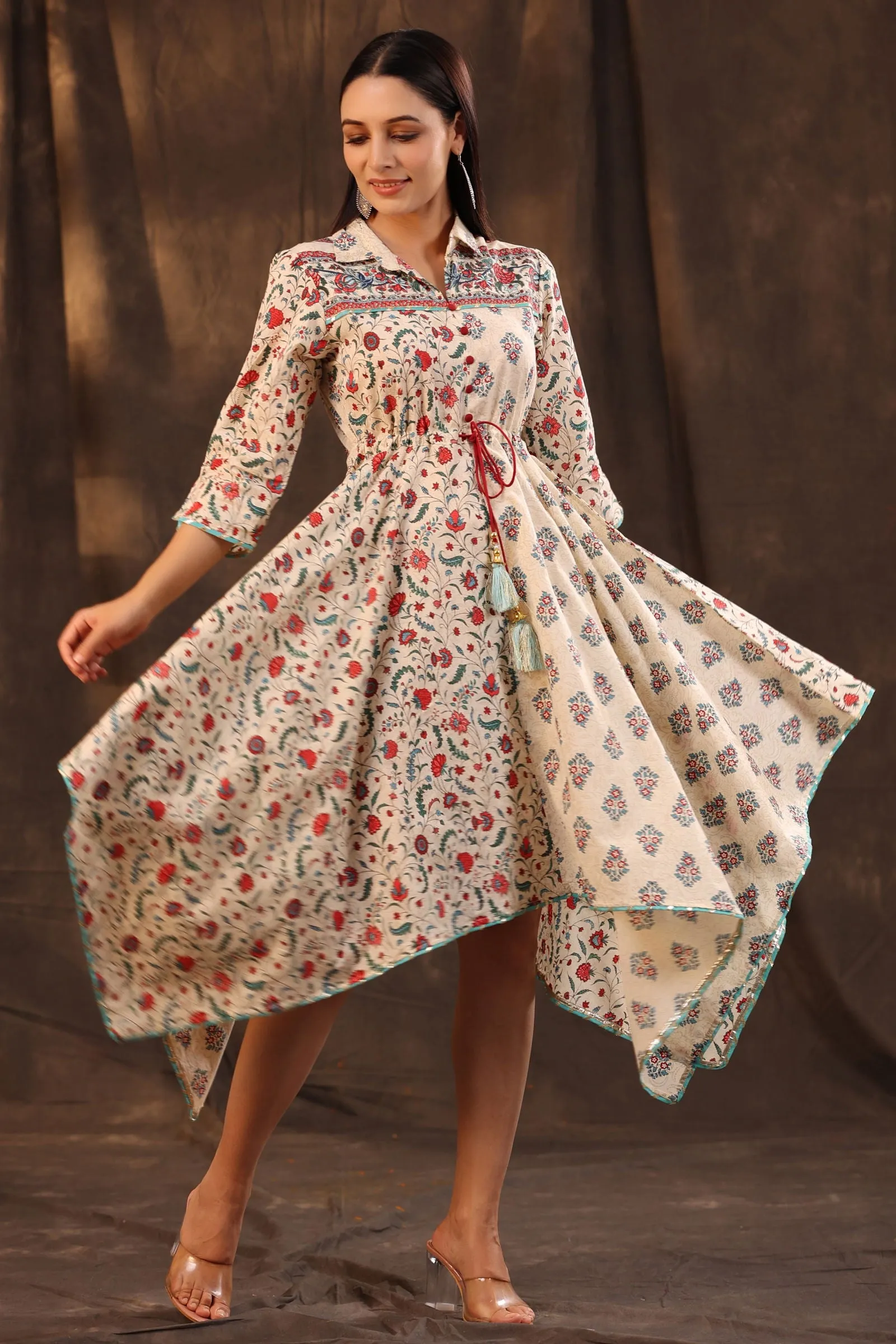 Juniper Beige Pure Cotton Floral Printed Asymmetric Dress With Buttons.