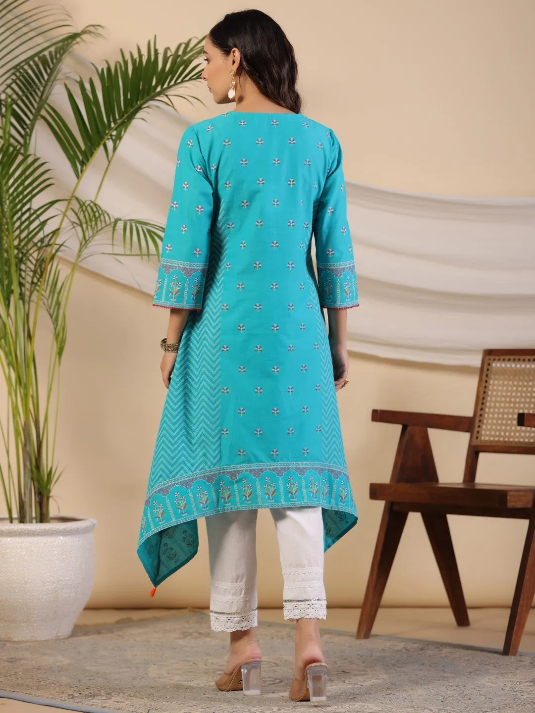 Juniper Teal Dobby Cotton Kurta With Beads & Sequins Work