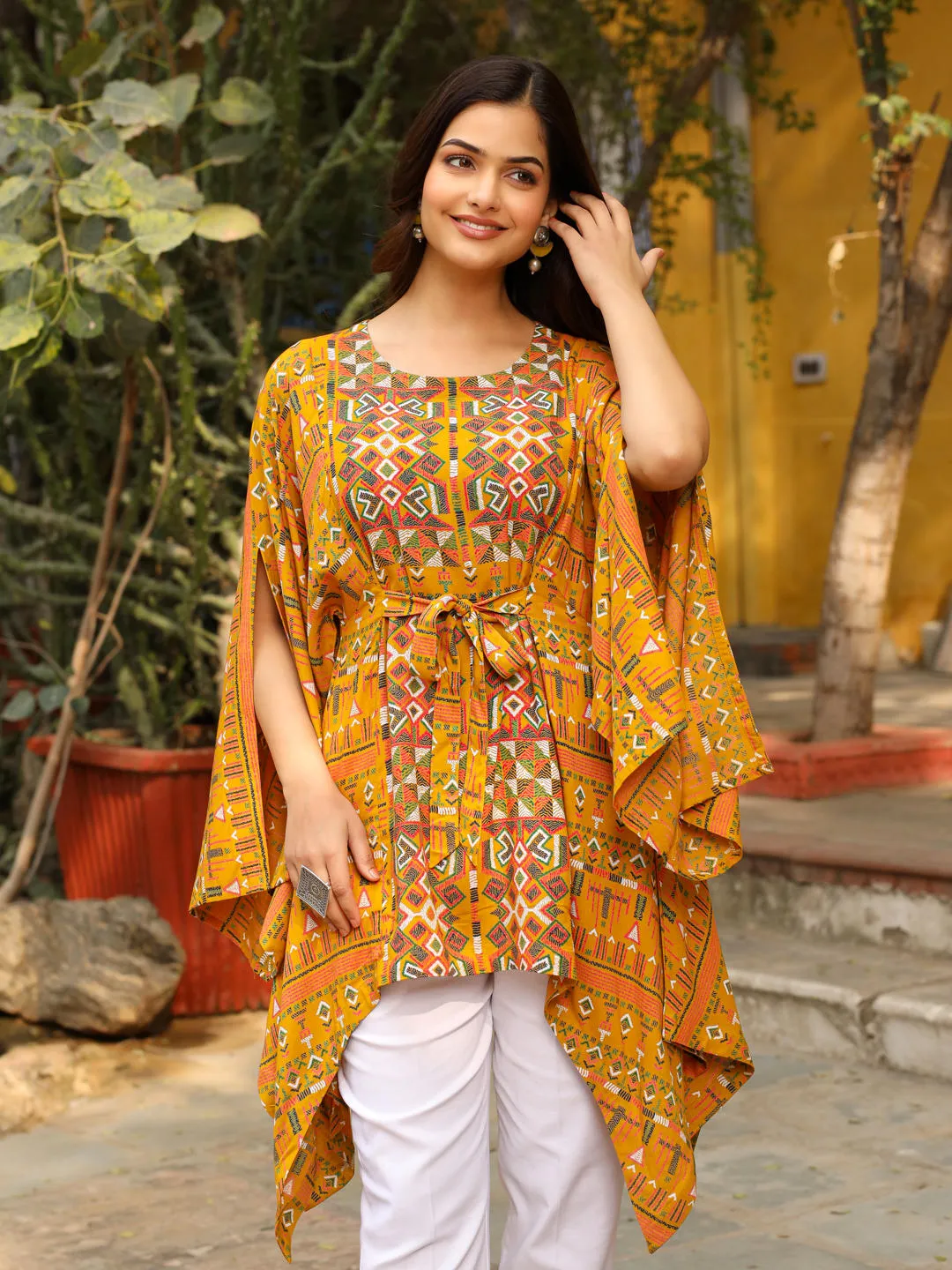 Juniper The Crafted Geometrics Mustard Ikat Printed Rayon Kaftan Dress
