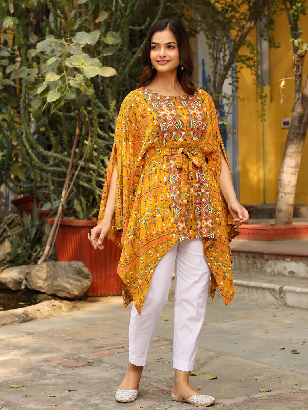 Juniper The Crafted Geometrics Mustard Ikat Printed Rayon Kaftan Dress