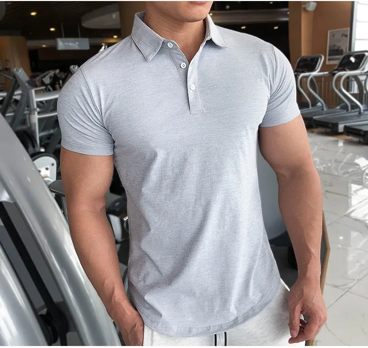 Mens Training Fitness Polo Shirts Quick Dry Basketball Short Sleeve Male Running Jogging T Stand collar Workout Gym Tees