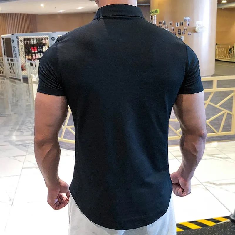 Mens Training Fitness Polo Shirts Quick Dry Basketball Short Sleeve Male Running Jogging T Stand collar Workout Gym Tees