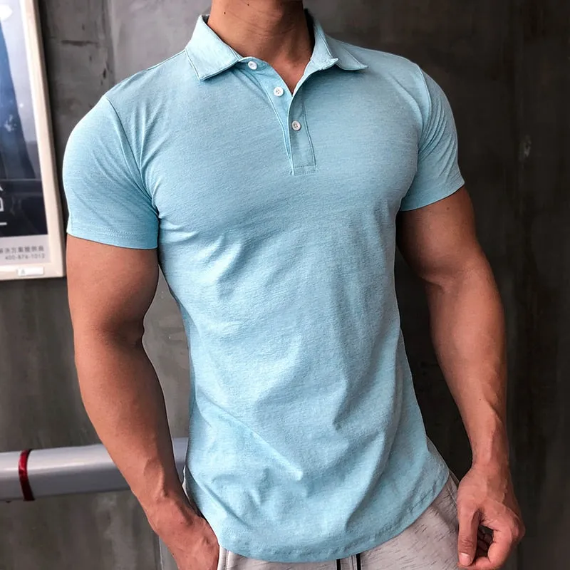 Mens Training Fitness Polo Shirts Quick Dry Basketball Short Sleeve Male Running Jogging T Stand collar Workout Gym Tees