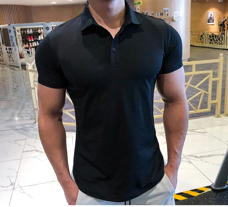 Mens Training Fitness Polo Shirts Quick Dry Basketball Short Sleeve Male Running Jogging T Stand collar Workout Gym Tees