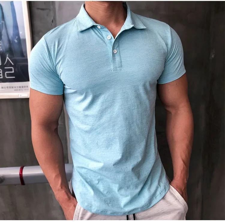 Mens Training Fitness Polo Shirts Quick Dry Basketball Short Sleeve Male Running Jogging T Stand collar Workout Gym Tees