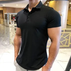 Mens Training Fitness Polo Shirts Quick Dry Basketball Short Sleeve Male Running Jogging T Stand collar Workout Gym Tees