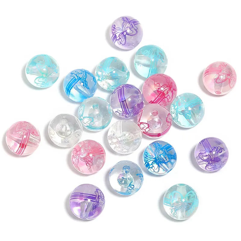 Wholesale 100pcs Diy Cartoon High Transparent Princess Ribbon Bow Print Straight Hole Acrylic Beads